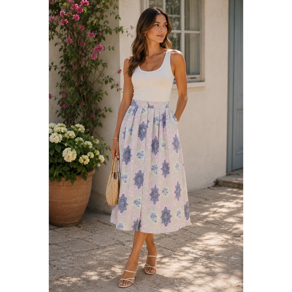 Worthington Womens Petite Small Floral Midi Skirt Rayon Light Flowy Vintage